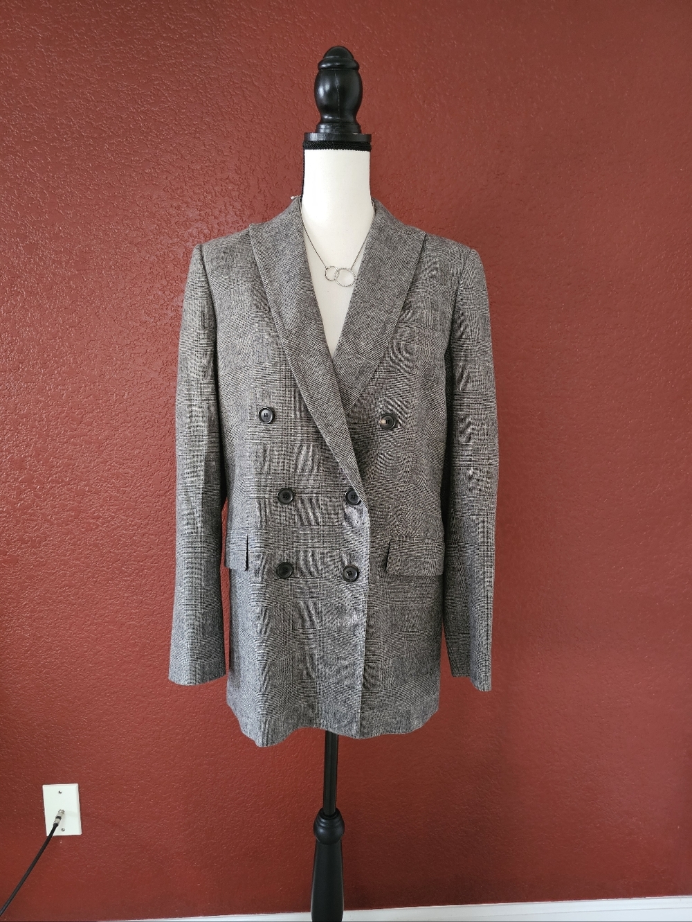 Zara Double-Breasted Glen Plaid Blazer - Gray